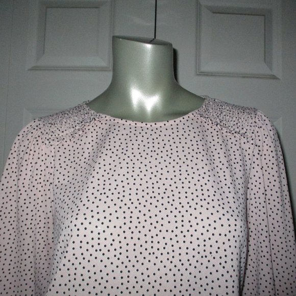 ADRIANNA PAPELL Pink/Black Polka Dot Smocked Long Sleeve Blouse - Picture 2 of 7